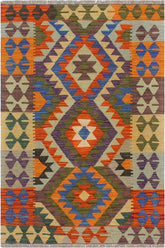 Flat Weave Kilim Antique Navaho Vintage handmade Geometric Kilim Rust Blue Hand-Woven Rectangle 100% Wool Area Rug 3x4